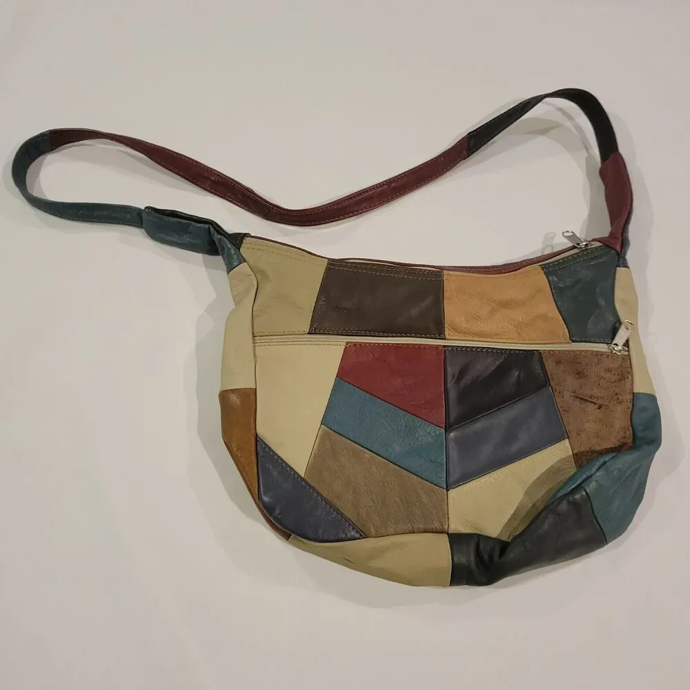 Vintage Boho Patchwork Genuine Leather Crossbody Shoulder Bag Made in Mexico